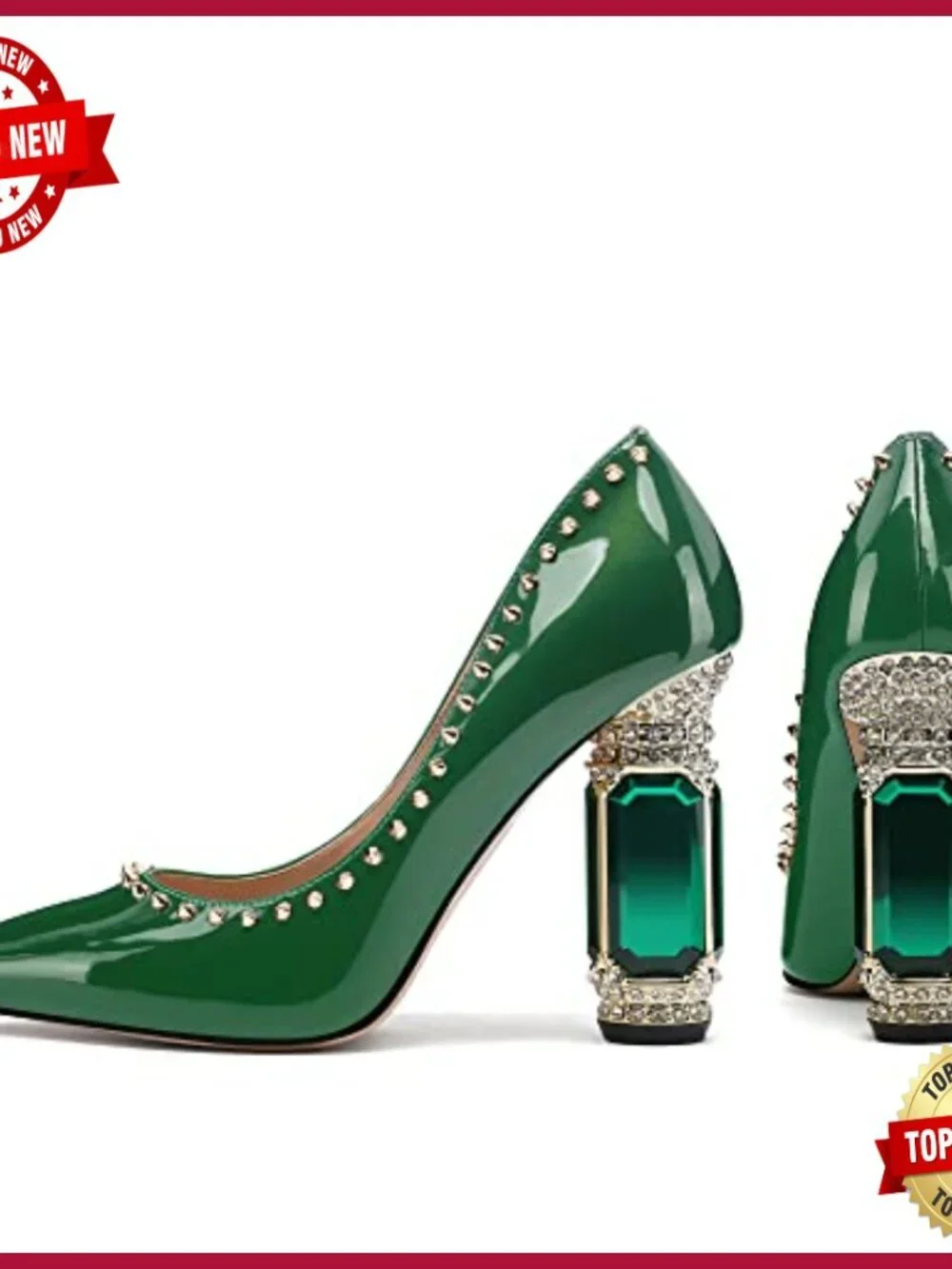 Chunky Block Heels Pumps Pointed Toe Rhinestone Crystal Bridal Wedding Party